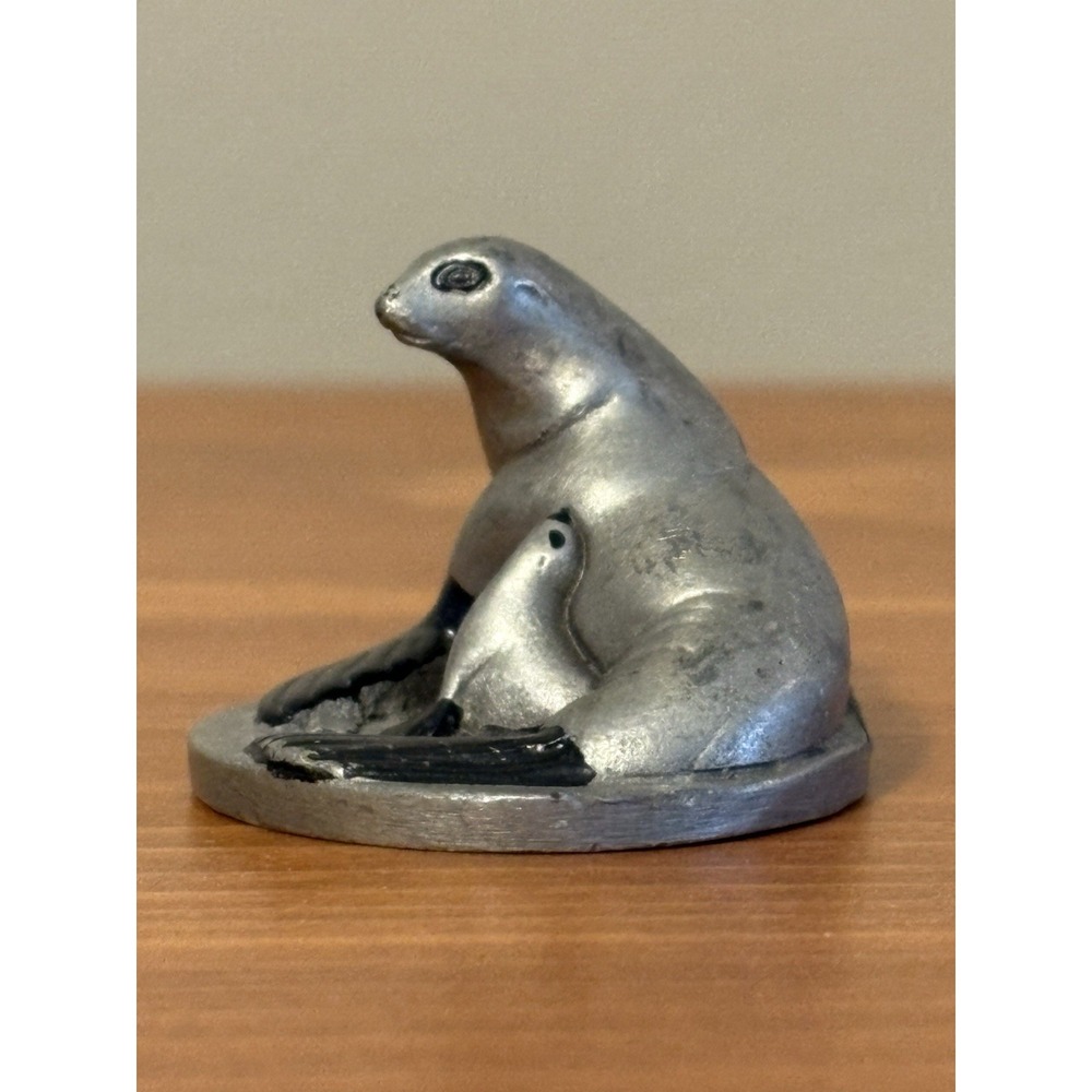 Heller 1981 Miniature Pewter Seal Figurine with Baby Vintage Metal Decor